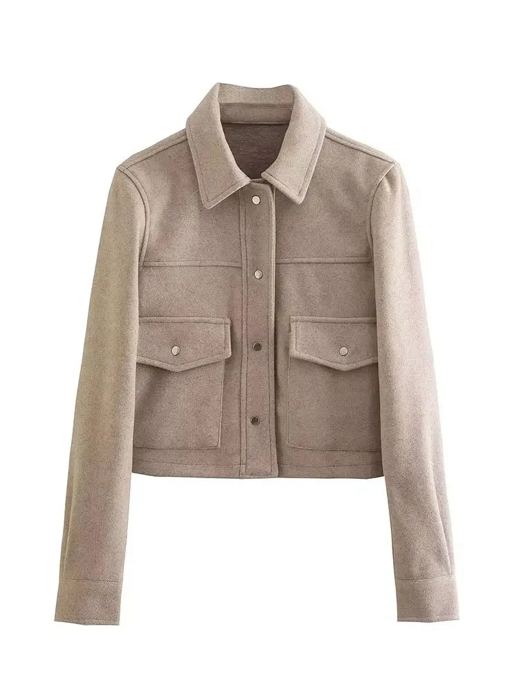 Beige cropped wool jacket for women with front pockets and button closure