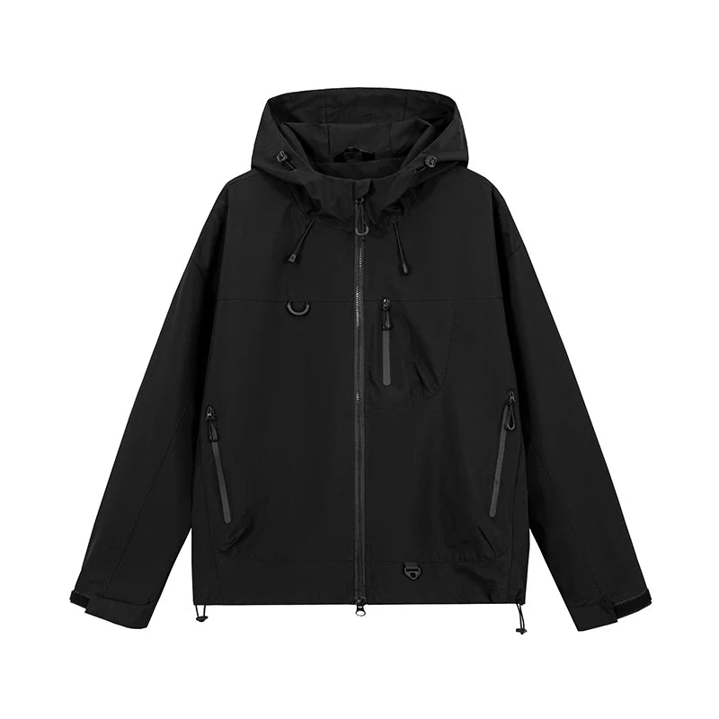 Black hooded zip-up jacket with multiple zippered pockets and adjustable drawstrings