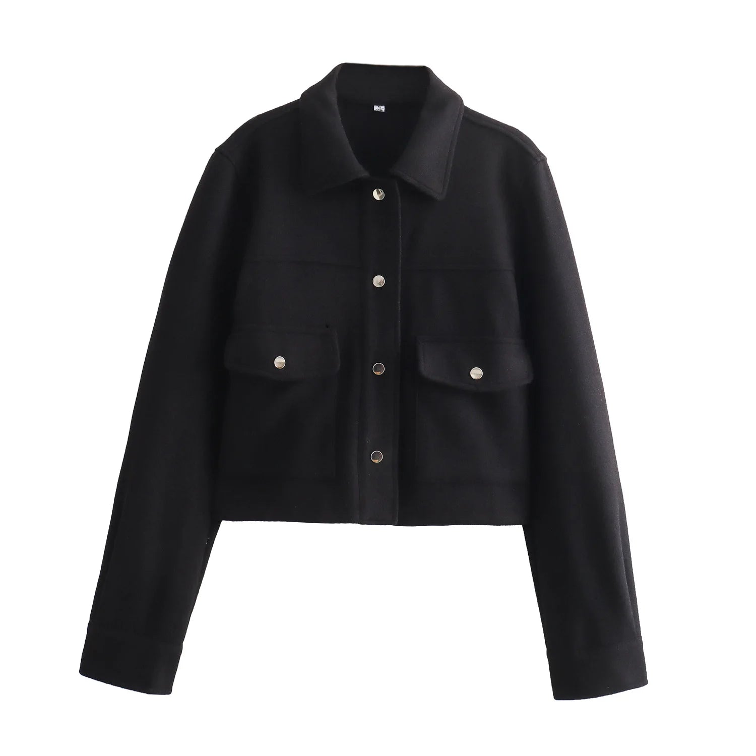 Black cropped jacket with silver buttons and front flap pockets, modern women's fashion