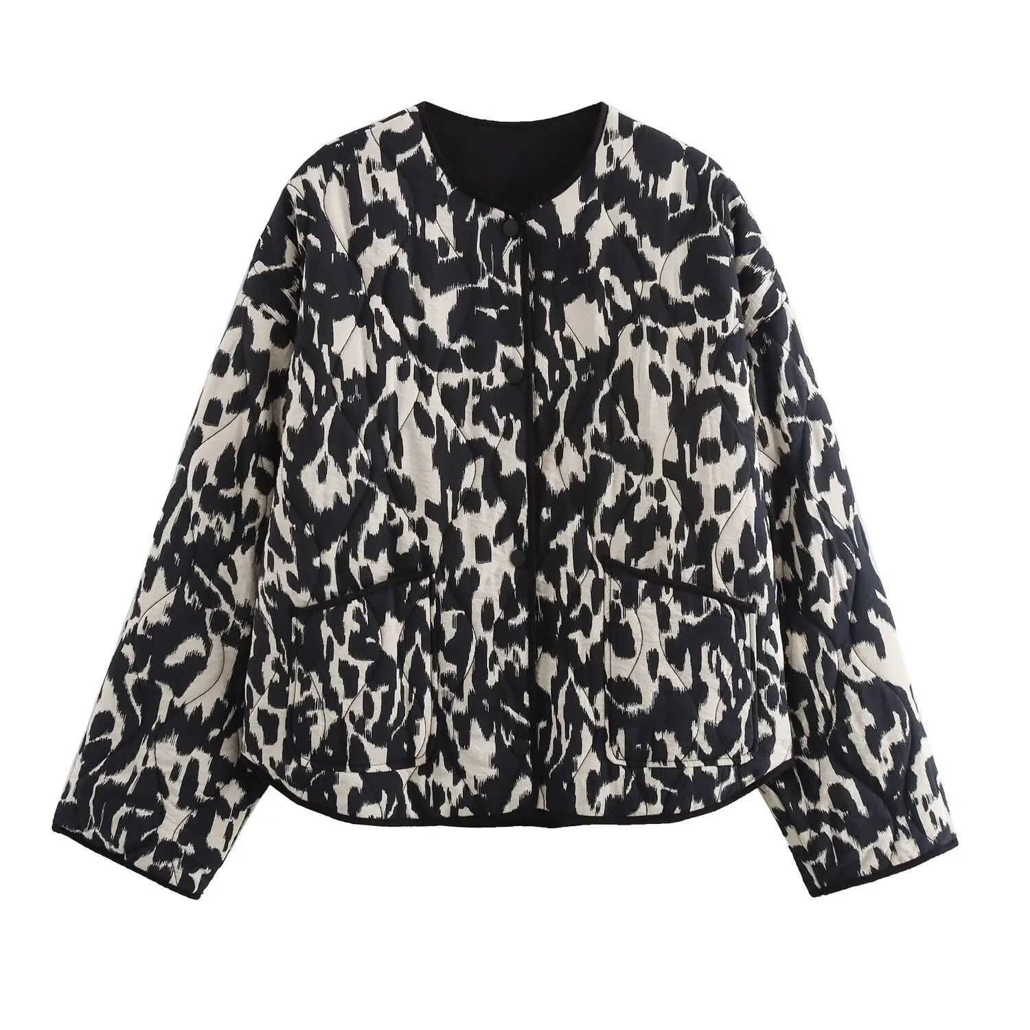 Women's black and white animal print quilted jacket with front pockets