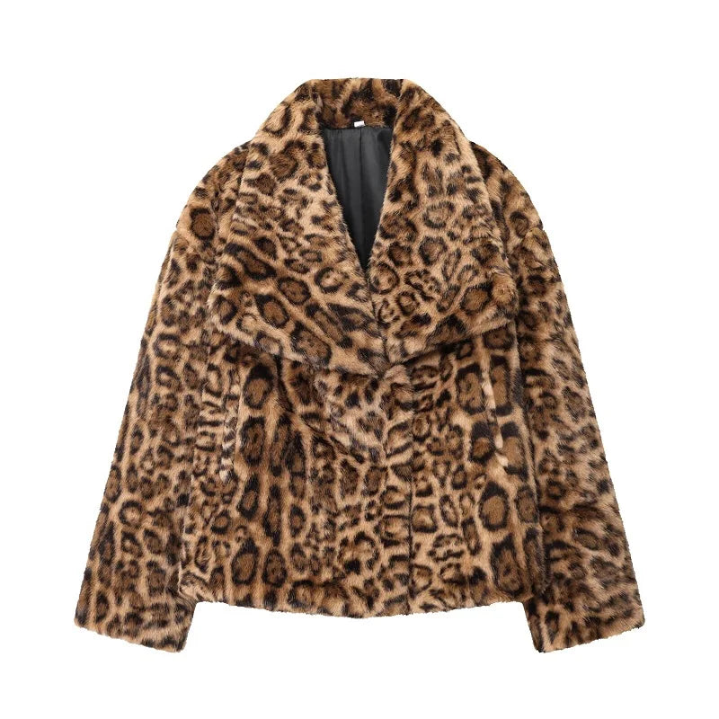 Women's faux fur leopard print coat with wide lapels and modern silhouette