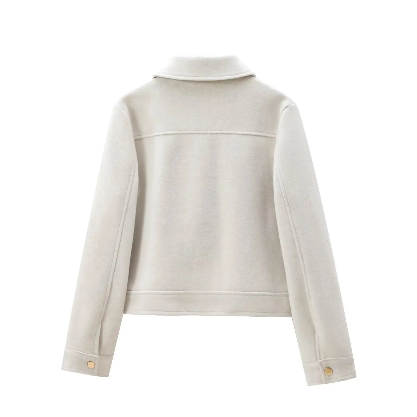 Back view of a cream wool jacket with collar and buttoned cuffs, minimal modern design