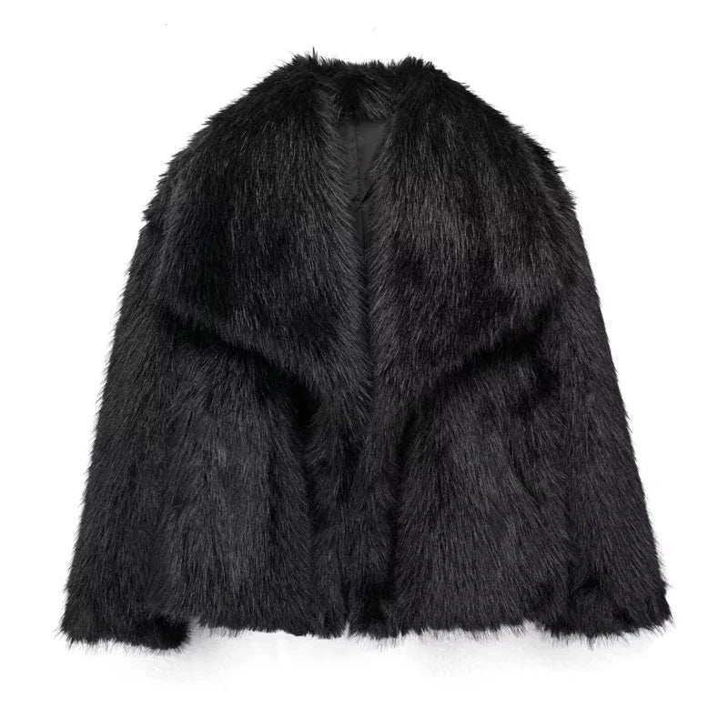 Luxury black faux fur coat for women, elegant outerwear with soft, plush texture