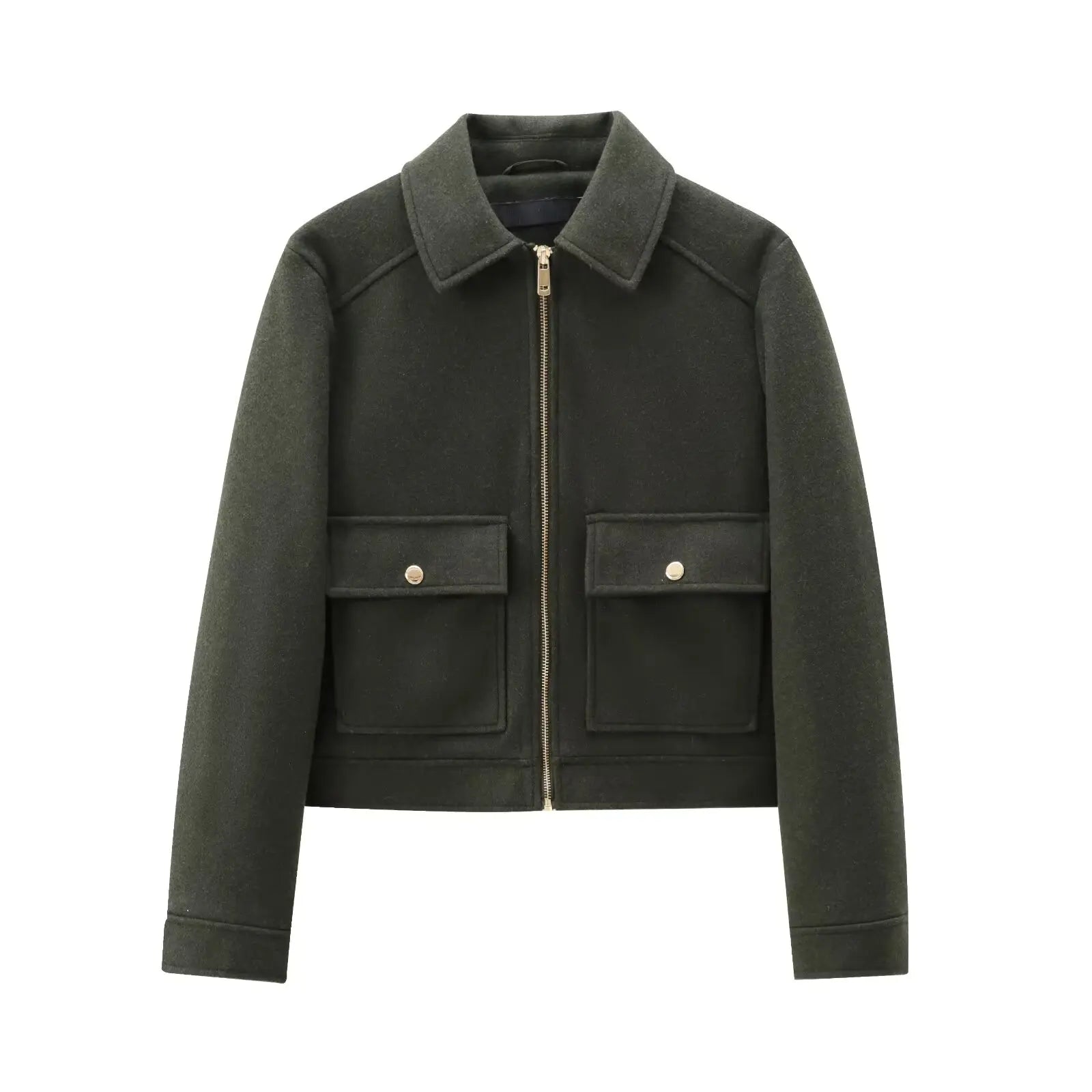 Women's dark green wool jacket with gold zipper and front flap pockets