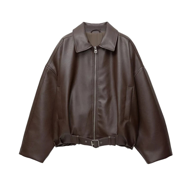 Women's oversized brown faux leather jacket with zip front and belted waist