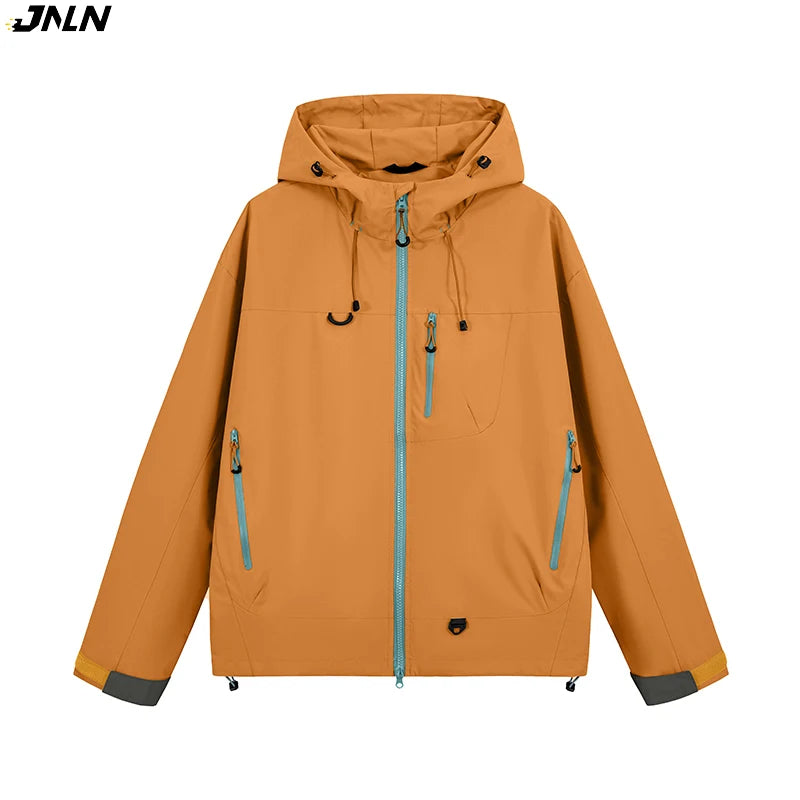 Orange hooded waterproof jacket with blue zippers, modern design, front pockets, and adjustable cuffs.