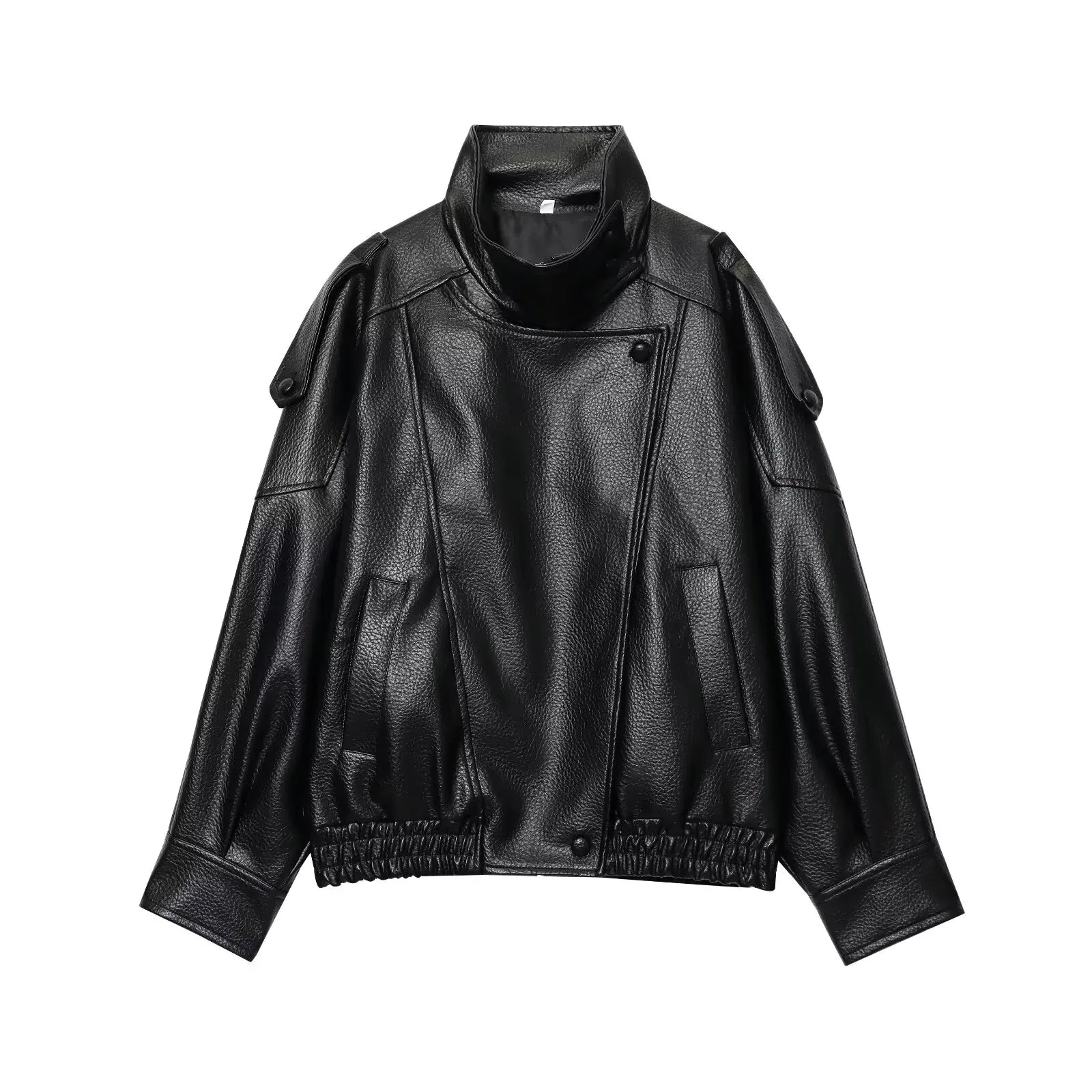 Black faux leather jacket with high collar, button details, and elastic hem, modern women's outerwear